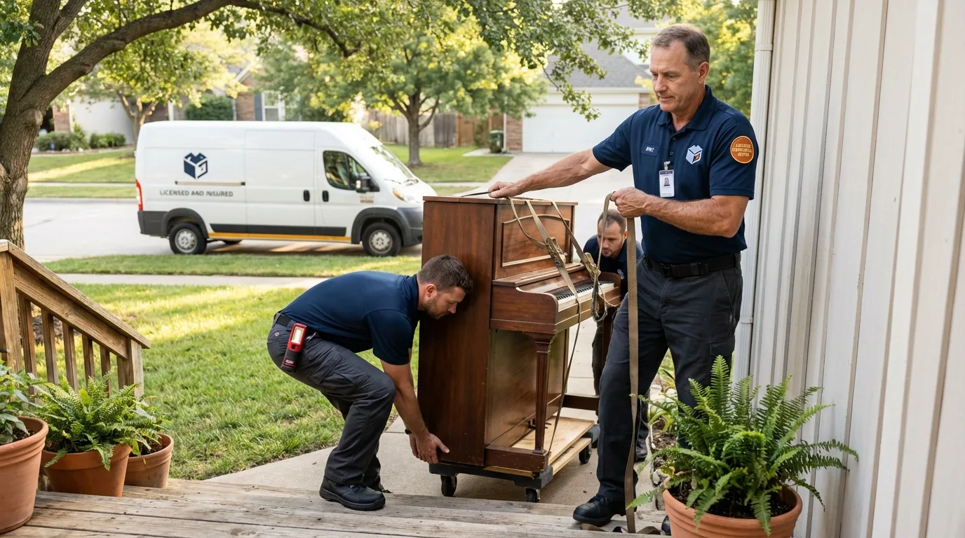 Licensed piano movers securing grand piano in Elmwood Park, IL