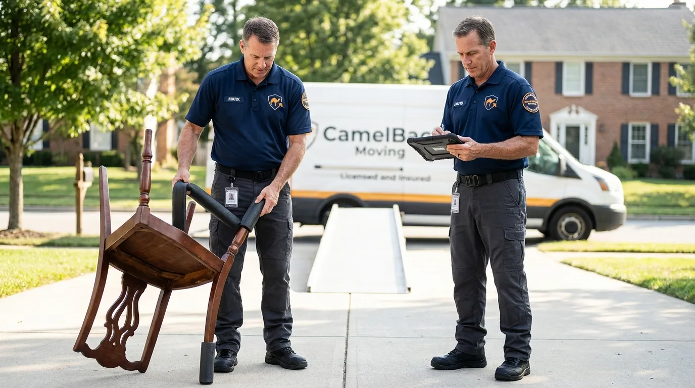 Movers inspecting furniture for damage prevention before loading in Elmwood Park, IL