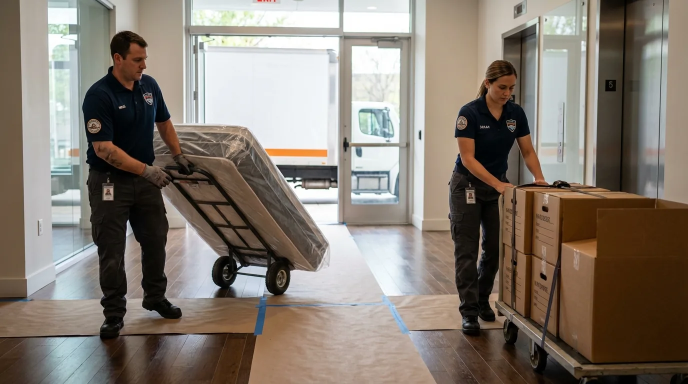 Professional apartment movers loading elevator in Elmwood Park, IL