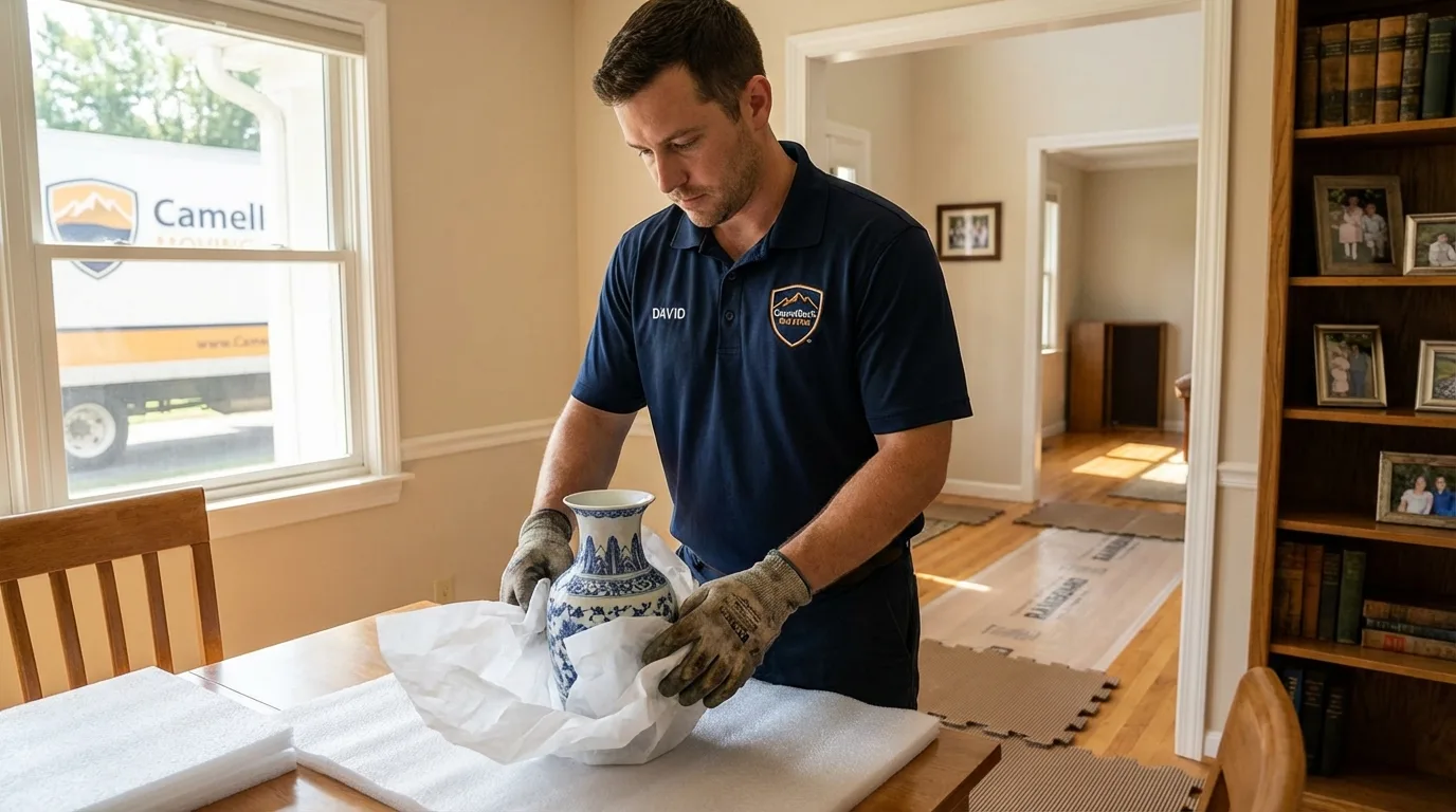 Professional crew carefully wrapping antique vase for senior downsizing move in Elmwood Park, IL