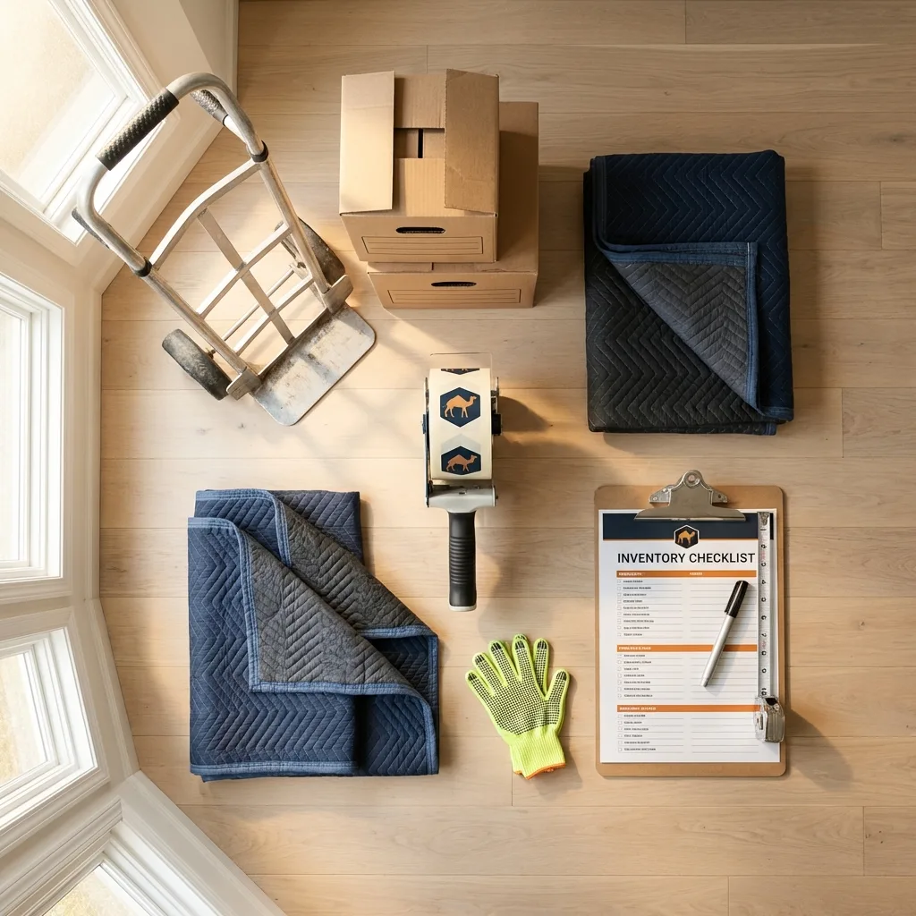 Professional moving supplies and packing materials layout for Elmwood Park residential relocations